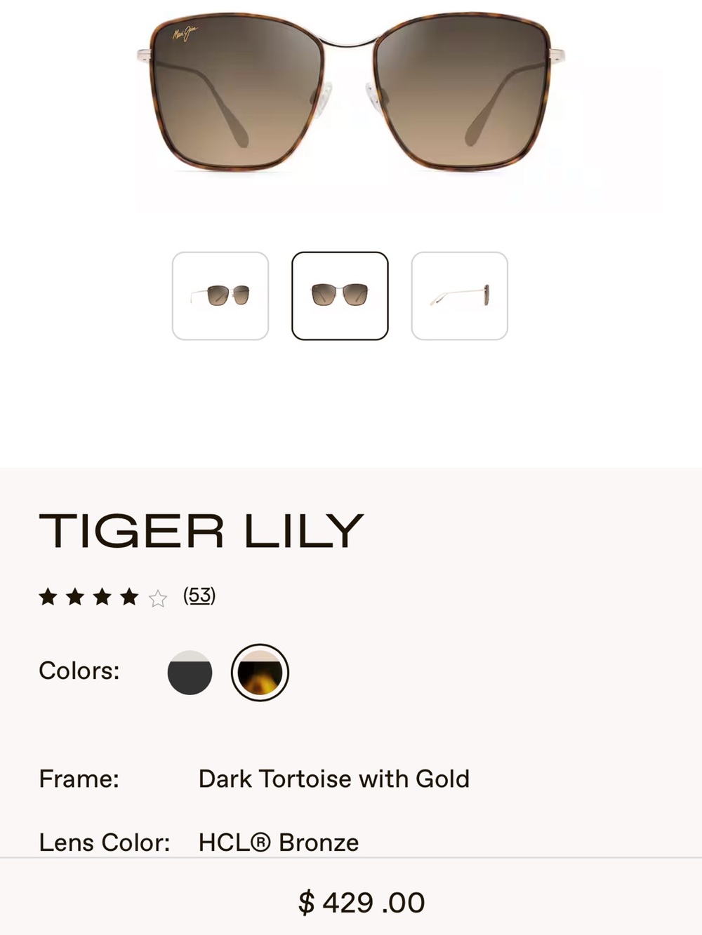 Maui Jim Tiger Lily Dark Tortoise with Gold Frame and HCL® Bronze Lenses